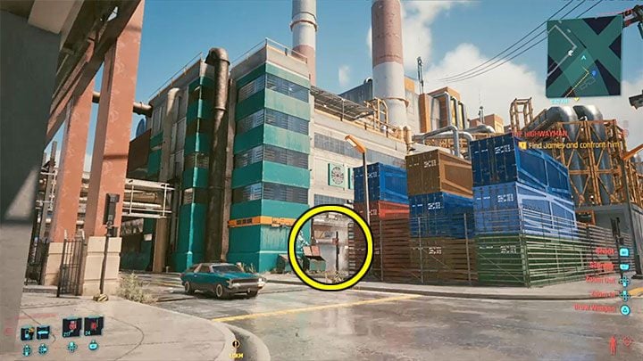 Go east of the factory, specifically to the area with containers shown in the picture - Cyberpunk 2077: List of free cars - World Atlas - Cyberpunk 2077 Guide