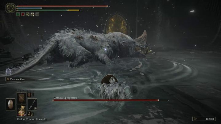 Most of the "bigger" attacks of the beast, such as a series of head swings or a charge with an open mouth, usually end with a very short moment of inaction by the boss - Shadow of the Erdtree: How to beat Golden Hippopotamus? - Side bosses - Elden Ring Guide