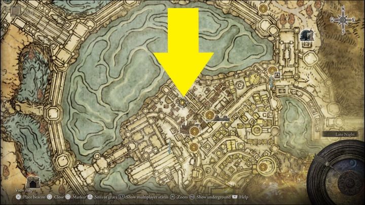 The well is found in western Leyndell, and It is marked with the yellow arrow - Elden Ring: Dung Eater / Blackguard Boggart questline - walkthrough - Quests - Elden Ring Guide