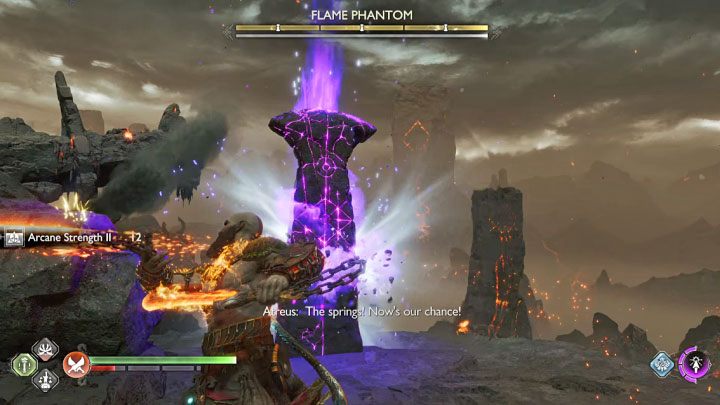 Keep attacking the phantom to charge its white bar and stun the boss - God of War Ragnarok: How to defeat Flame Phantom? - Bosses - God of War Ragnarok Guide