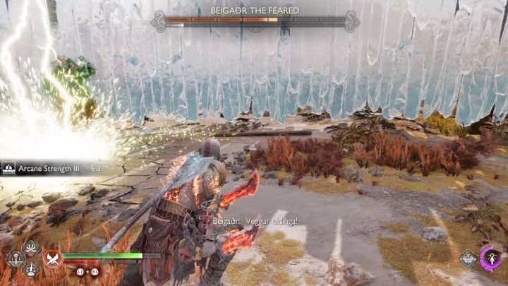 Another red attack is shooting a lightning bolt - God of War Ragnarok: How to defeat the Beigadr the Feared berserker boss? - Berserkers - God of War Ragnarok Guide