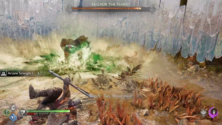 Beigadr's red attack is to jump and land - the landing spot is symbolized by a green circle - God of War Ragnarok: How to defeat the Beigadr the Feared berserker boss? - Berserkers - God of War Ragnarok Guide