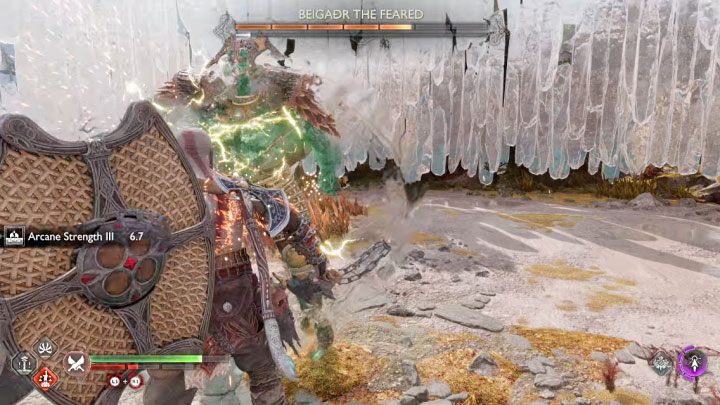 The boss can teleport and attack Kratos in melee - God of War Ragnarok: How to defeat the Beigadr the Feared berserker boss? - Berserkers - God of War Ragnarok Guide