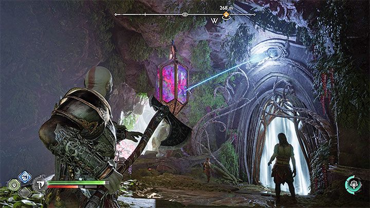 Once you enter the first chamber of the temple, a short puzzle awaits that blocks the way forward - you must throw the axe at the Twilight Stone in such a way so it hits the crystal above (screenshot) - God of War Ragnarok: Groas Secret - walkthrough - Walkthrough - God of War Ragnarok Guide