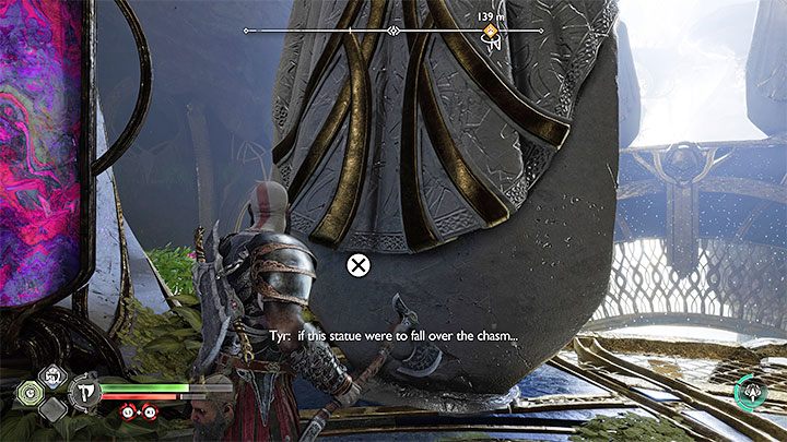 Use hanging ledges and interactive hook to reach Tyr who is on a remote ledge - God of War Ragnarok: Groas Secret - walkthrough - Walkthrough - God of War Ragnarok Guide