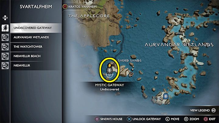 If you can already unlock unknown gateways, then choose the Sverd Sands one - we have marked it in the picture - God of War Ragnarok: Returning to The Applecore and Jarnsmida Pitmines - Completing 100% of maps - God of War Ragnarok Guide