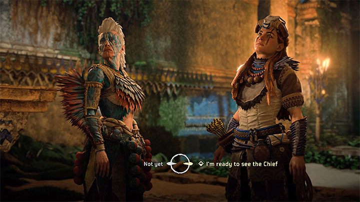 After entering the throne room, you need to confirm that you want to meet with Chief Hekarro (you will have the option to freely explore the Memorial Grove later during the game, including some newly added additional activities) - Horizon Forbidden West: The Broken Sky - walkthrough - Main Storyline - Horizon Forbidden West Guide