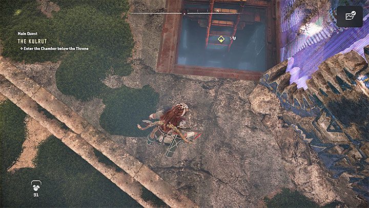 Once you have received all the thank yous and regained control of Aloy, locate the small underground entrance shown in the picture - Horizon Forbidden West: The Kulrut - walkthrough - Main Storyline - Horizon Forbidden West Guide