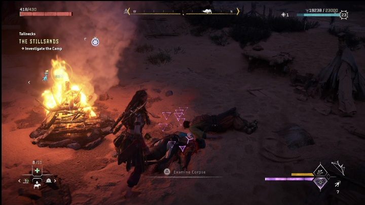 After examining the machine parts, head to the campfire - Horizon Forbidden West: Tallneck (The Stillsands) - location - Stillsands - Horizon Forbidden West Guide