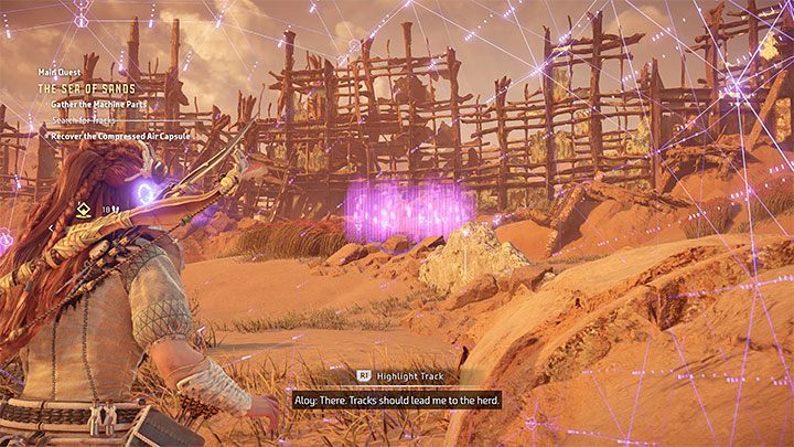 First, make your way south to find a herd of machines Once you reach the objective, activate your focus, find the machine tracks, highlight them (R1) and start following them - Horizon Forbidden West: The Sea of Sands - walkthrough - Main Storyline - Horizon Forbidden West Guide