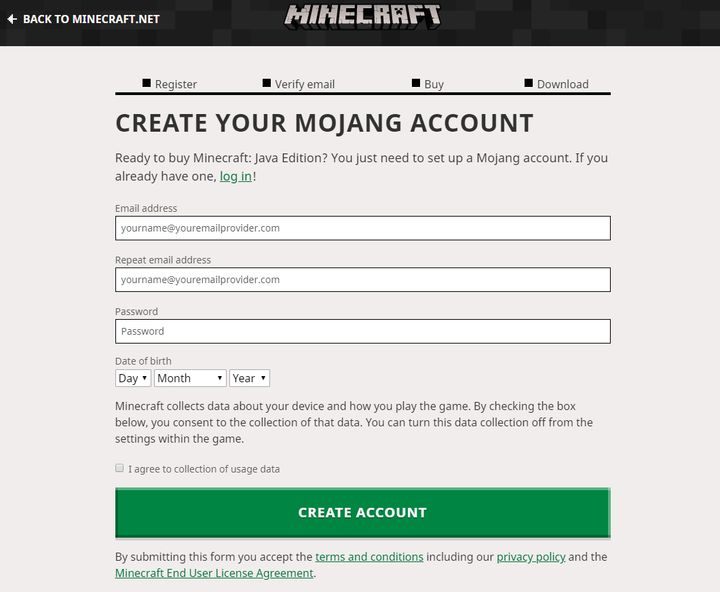 The registration process - Minecraft: How to purchase Minecraft? - FAQ - Minecraft Guide