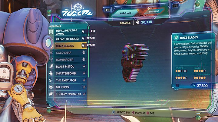 Buzz Blades cost 27500 bolts - Ratchet & Clank Rift Apart: Weapons - List - Basics - Ratchet & Clank Rift Apart Guide