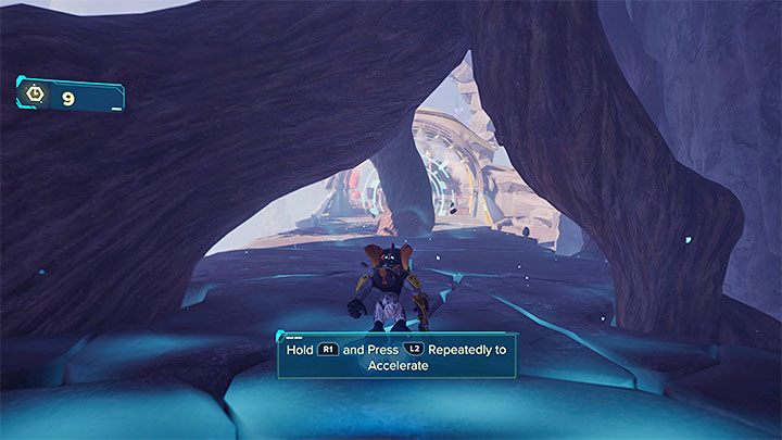 On the way to the peak, you will need to use the Hoverboots to reach safe places before a given section of the path collapses - Ratchet & Clank Rift Apart: Finding the Dimensionator Blueprints - walkthrough - Savali - Ratchet & Clank Rift Apart Guide