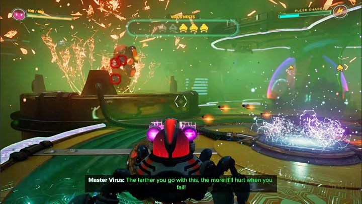 While dealing with nests, you have to watch out for turret fire as well as small viruses - Ratchet & Clank Rift Apart: Master Virus, Glitch scene - how to defeat? - Bosses - Ratchet & Clank Rift Apart Guide