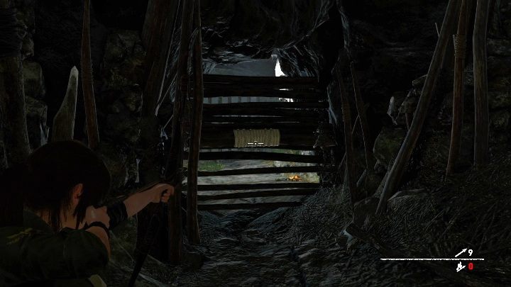 In order to open the passage further you have to use your bow and aim at the rope on the bales - Peruvian Jungle Crypts in Shadow of the Tomb Raider Game - Crypts - Shadow of the Tomb Raider Game Guide