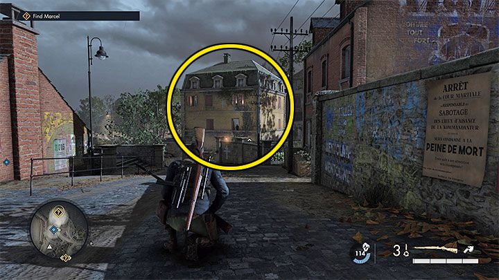 You can approach the hideout, the yellow building, from two directions - from the east or from the north-east - Sniper Elite 5: Recovering resistance intel (mission 1) - walkthrough - Mission 1 - Atlantic Wall - Sniper Elite 5 Guide, Walkthrough