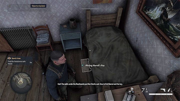 In one of the bedrooms, you will find a safe hidden in the floor next to the bed (picture above) - Sniper Elite 5: Recovering resistance intel (mission 1) - walkthrough - Mission 1 - Atlantic Wall - Sniper Elite 5 Guide, Walkthrough