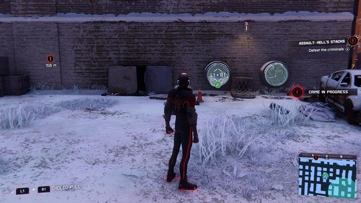 The first capsule in the center of Hell's Kitchen is located in one of the pipes at the back of the building - Spider-Man Miles Morales: Time capsules - all locations, list - Collectibles - Spider-Man Miles Morales Guide