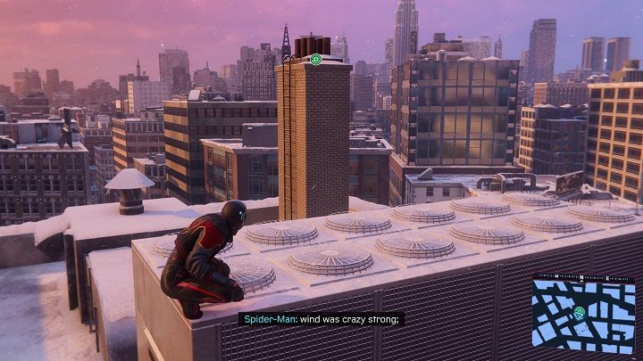 The first capsule is located in the chimney, on the roof of the financial district building - Spider-Man Miles Morales: Time capsules - all locations, list - Collectibles - Spider-Man Miles Morales Guide