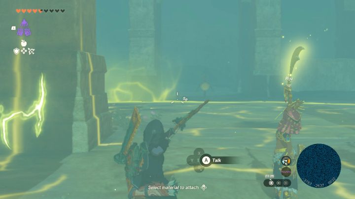 After the conversation, shoot an arrow at the dummy when yellow aura reaches it - Zelda TotK: Riju of Gerudo Town - walkthrough - Walkthrough - Zelda Tears of the Kingdom Guide