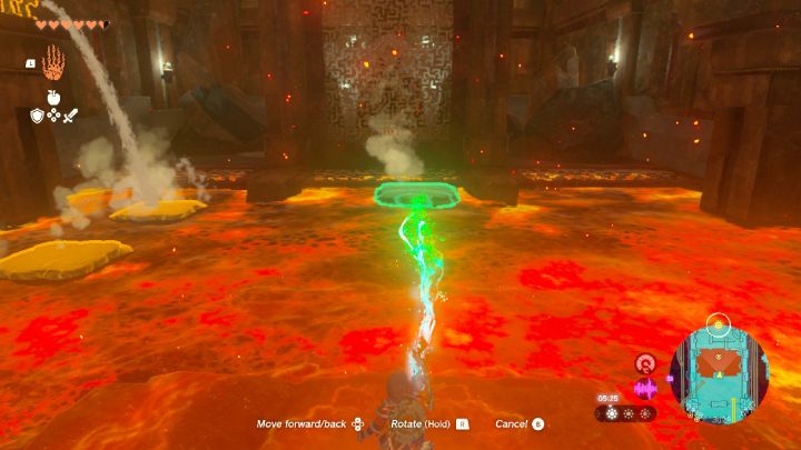 Destroy the boulder blocking the waterfall, then pick up one of the stones that will appear on the magma - Zelda TotK: Yunobo of Goron City - Walkthrough - Zelda Tears of the Kingdom Guide