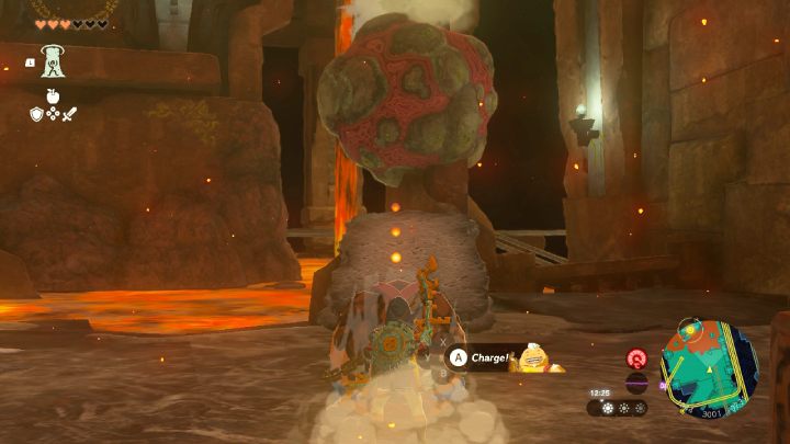 Destroy the red boulder and then move the stone platform so it is aligned with the gong - Zelda TotK: Yunobo of Goron City - Walkthrough - Zelda Tears of the Kingdom Guide