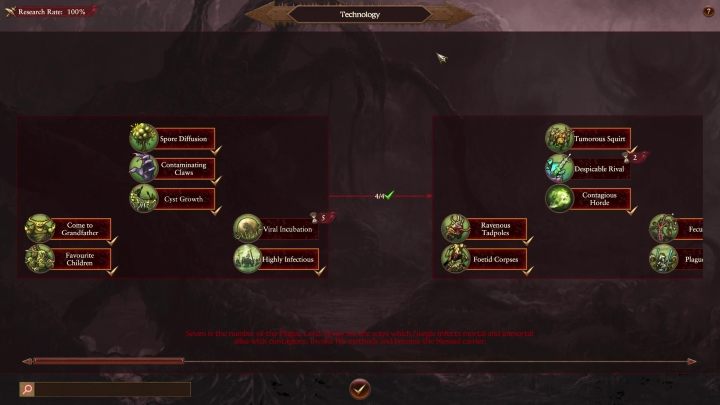 The Nurgle race development tree is divided into rectangles, each with seven technologies - Total War Warhammer 3: Nurgle, Technologies and Buildings - which ones to start with? - Nurgle - Total War Warhammer 3 Guide